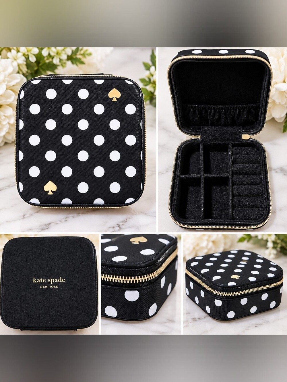 kate spade Black and White Polka Dot Travel Jewelry Box with Gold Accents